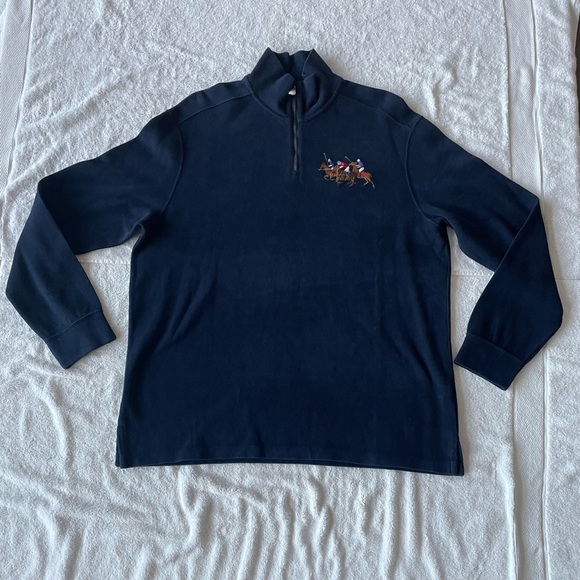 VINTAGE Mens Polo Ralph Lauren Embroidered Triple Pony 1/4 Zip Pullover, Navy - Picture 1 of 3